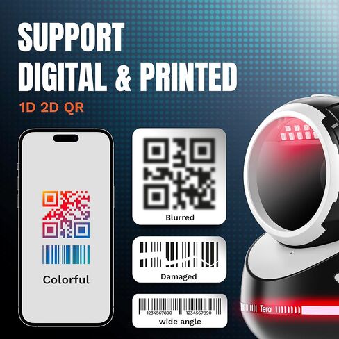 ماسح الباركود Tera متعدد الاتجاهات: الإصدار الاحترافي لسطح المكتب 1D 2D QR USB سلكي قابل للتعديل بزاوية التوصيل والتشغيل قارئ الرمز الشريطي لنقاط البيع سوبر ماركت متجر بيع بالتجزئة الدفع عبر الهاتف المحمول 9800 أبيض in Kuwait