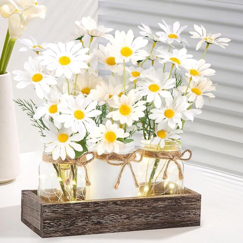 Warmtree Mason Jar Lights ديكورات طاولة مركزية لطاولة القهوة في المزرعة وصينية خشبية 3 برطمانات زهور وإضاءة LED لغرفة الطعام والحمام والمطبخ وديكور الصيف (أبيض) in Kuwait