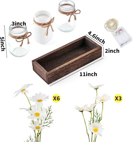 Warmtree Mason Jar Lights ديكورات طاولة مركزية لطاولة القهوة في المزرعة وصينية خشبية 3 برطمانات زهور وإضاءة LED لغرفة الطعام والحمام والمطبخ وديكور الصيف (أبيض) in Kuwait