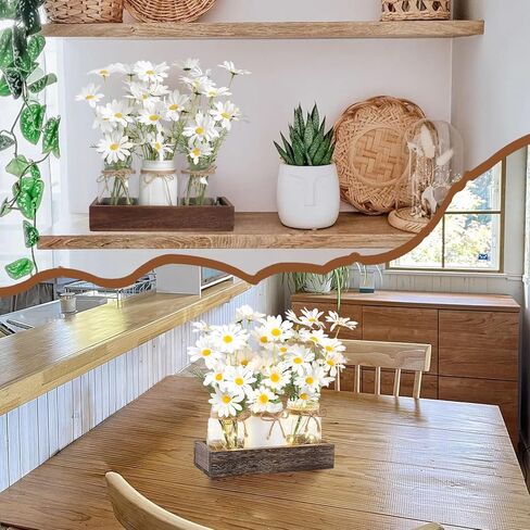 Warmtree Mason Jar Lights ديكورات طاولة مركزية لطاولة القهوة في المزرعة وصينية خشبية 3 برطمانات زهور وإضاءة LED لغرفة الطعام والحمام والمطبخ وديكور الصيف (أبيض) in Kuwait