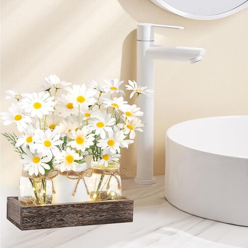 Warmtree Mason Jar Lights ديكورات طاولة مركزية لطاولة القهوة في المزرعة وصينية خشبية 3 برطمانات زهور وإضاءة LED لغرفة الطعام والحمام والمطبخ وديكور الصيف (أبيض) in Kuwait