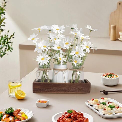 Warmtree Mason Jar Lights ديكورات طاولة مركزية لطاولة القهوة في المزرعة وصينية خشبية 3 برطمانات زهور وإضاءة LED لغرفة الطعام والحمام والمطبخ وديكور الصيف (أبيض) in Kuwait