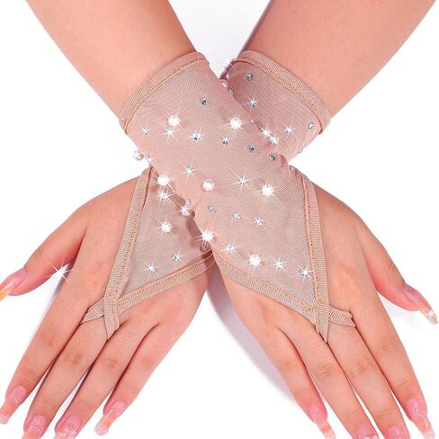 Glitter Rhinestones Fingerless Gloves Mesh Pearl Sheer Gloves Short Party Wrist Gloves for Women and Girls in Saudi Arabia