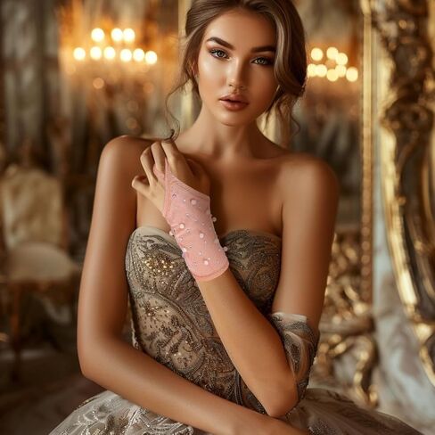 Glitter Rhinestones Fingerless Gloves Mesh Pearl Sheer Gloves Short Party Wrist Gloves for Women and Girls in Saudi Arabia