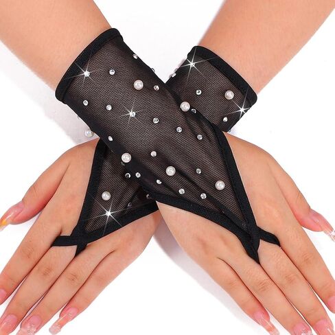 Glitter Rhinestones Fingerless Gloves Mesh Pearl Sheer Gloves Short Party Wrist Gloves for Women and Girls in Saudi Arabia