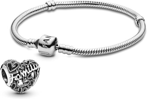 Pandora Jewelry Bundle with Gift Box - Family Heart Sterling Silver Charm & Moments Sterling Silver Snake Chain Charm Bracelet with Barrel Clasp, 7.9" - Gift for Women in Saudi Arabia