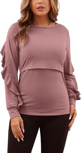 GINKANA Women's Nursing Tops Ruffle Long Sleeve Breastfeeding Double Layer Maternity Casual Tops in Saudi Arabia