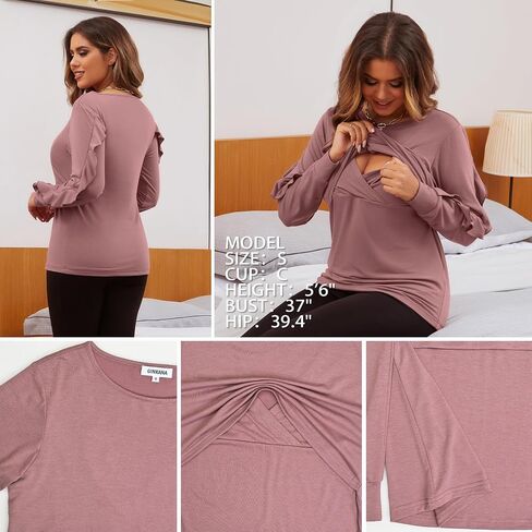 GINKANA Women's Nursing Tops Ruffle Long Sleeve Breastfeeding Double Layer Maternity Casual Tops in Saudi Arabia
