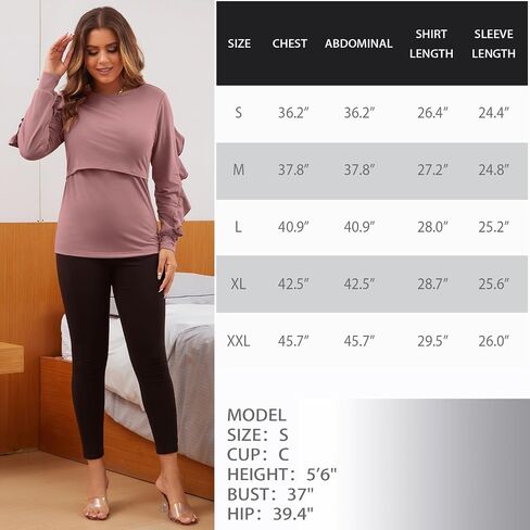 GINKANA Women's Nursing Tops Ruffle Long Sleeve Breastfeeding Double Layer Maternity Casual Tops in Saudi Arabia