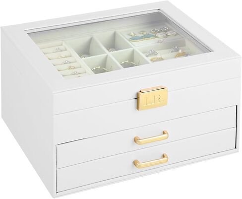 Jewelry Box For Women - 3 Layer Jewelry Organizer With Clear Lid, Large Jewelry Case With 2 Drawers For Bracelets Rings Earrings Necklace Storage, 8 x 9.2 x 5.3 Inches, White+Gold in Saudi Arabia