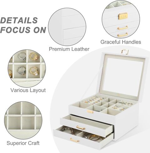 Jewelry Box For Women - 3 Layer Jewelry Organizer With Clear Lid, Large Jewelry Case With 2 Drawers For Bracelets Rings Earrings Necklace Storage, 8 x 9.2 x 5.3 Inches, White+Gold in Saudi Arabia