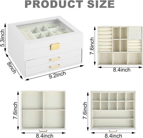 Jewelry Box For Women - 3 Layer Jewelry Organizer With Clear Lid, Large Jewelry Case With 2 Drawers For Bracelets Rings Earrings Necklace Storage, 8 x 9.2 x 5.3 Inches, White+Gold in Saudi Arabia