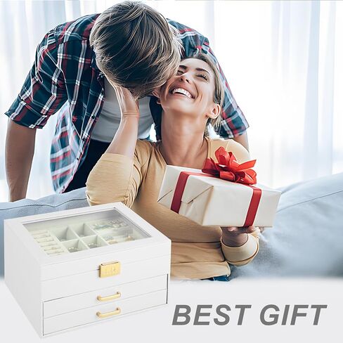 Jewelry Box For Women - 3 Layer Jewelry Organizer With Clear Lid, Large Jewelry Case With 2 Drawers For Bracelets Rings Earrings Necklace Storage, 8 x 9.2 x 5.3 Inches, White+Gold in Saudi Arabia