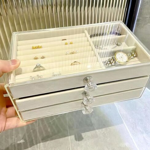 Crystal Clear View - Transparent 3-Tier Luxury Jewelry Box with Adjustable Compartments and Easy Access Drawers for Necklaces, Rings, Earrings, Lipsticks, Watches, and Bracelets (Beige) in Saudi Arabia