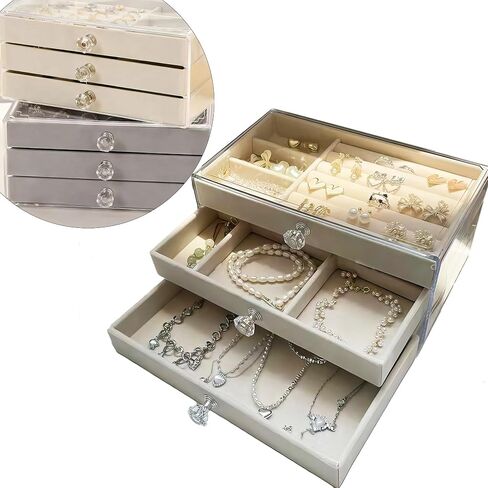 Crystal Clear View - Transparent 3-Tier Luxury Jewelry Box with Adjustable Compartments and Easy Access Drawers for Necklaces, Rings, Earrings, Lipsticks, Watches, and Bracelets (Beige) in Saudi Arabia