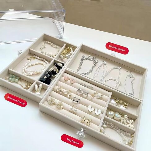 Crystal Clear View - Transparent 3-Tier Luxury Jewelry Box with Adjustable Compartments and Easy Access Drawers for Necklaces, Rings, Earrings, Lipsticks, Watches, and Bracelets (Beige) in Saudi Arabia