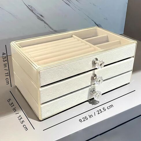Crystal Clear View - Transparent 3-Tier Luxury Jewelry Box with Adjustable Compartments and Easy Access Drawers for Necklaces, Rings, Earrings, Lipsticks, Watches, and Bracelets (Beige) in Saudi Arabia