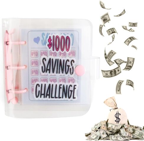 1000 Savings Challenge Binder, Savings Challenges Book, Money Saving Binder, Mini Binder Savings Challenge with Cash Envelopes for Cash Stuffing, Budgeting (Pink) in Kuwait