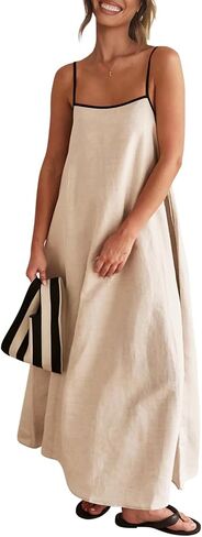 Shy Velvet Women's 2024 Summer Linen Maxi Dress Contrast Spaghetti Strap Dress Backless Sleeveless Casual Party Beach Dresses in Saudi Arabia