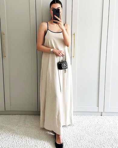 Shy Velvet Women's 2024 Summer Linen Maxi Dress Contrast Spaghetti Strap Dress Backless Sleeveless Casual Party Beach Dresses in Saudi Arabia