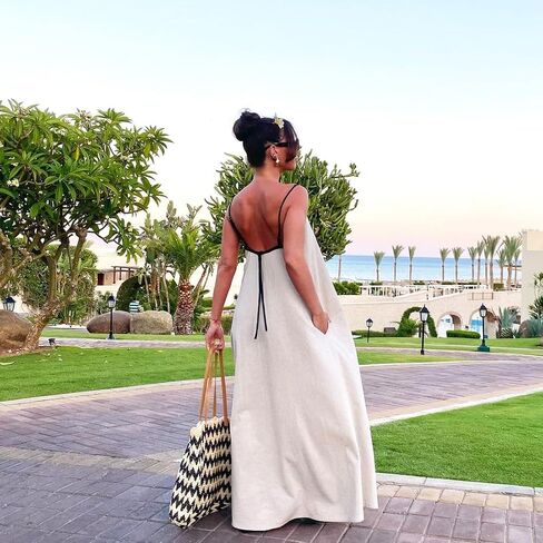 Shy Velvet Women's 2024 Summer Linen Maxi Dress Contrast Spaghetti Strap Dress Backless Sleeveless Casual Party Beach Dresses in Saudi Arabia
