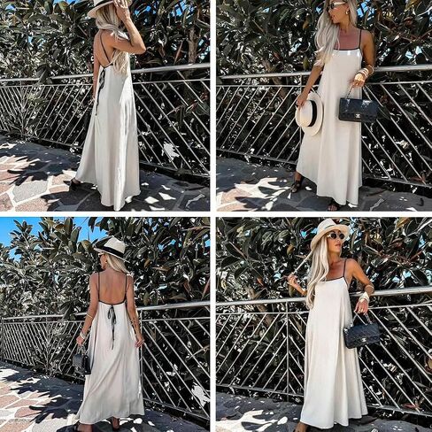 Shy Velvet Women's 2024 Summer Linen Maxi Dress Contrast Spaghetti Strap Dress Backless Sleeveless Casual Party Beach Dresses in Saudi Arabia