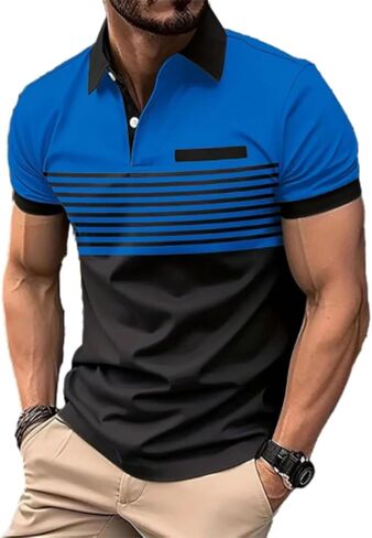 Mens Fashion Color Block Polo Shirts Casual Short Sleeve T Shirt Striped Moisture Wicking Golf Shirts Tops in Saudi Arabia