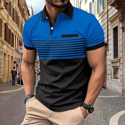 Mens Fashion Color Block Polo Shirts Casual Short Sleeve T Shirt Striped Moisture Wicking Golf Shirts Tops in Saudi Arabia