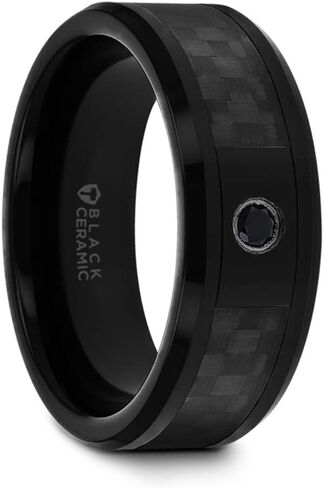 Mens Black Ceramic Black Diamond Wedding Ring - Black Carbon Fiber Inlay Comfort Fit - 8mm Wide - Style name: ABERDEEN in Saudi Arabia