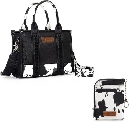 Montana West Wrangler Cow Print Tote & Full Cow Print Card Holder Black in Kuwait