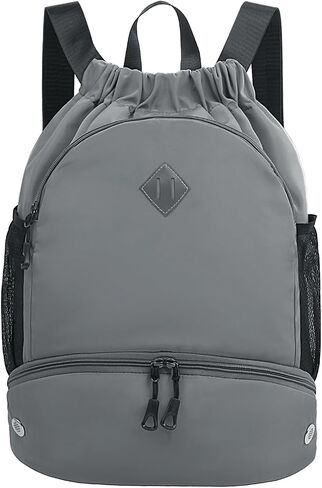 Drawstring Backpack Gym Backpack with Shoe Compartment for Men Women String Sports Bag with Wet Pocket Cinch Swim Beach Bag, Gray in Saudi Arabia