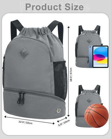 Drawstring Backpack Gym Backpack with Shoe Compartment for Men Women String Sports Bag with Wet Pocket Cinch Swim Beach Bag, Gray in Saudi Arabia