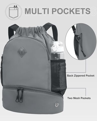 Drawstring Backpack Gym Backpack with Shoe Compartment for Men Women String Sports Bag with Wet Pocket Cinch Swim Beach Bag, Gray in Saudi Arabia