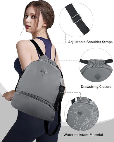 Drawstring Backpack Gym Backpack with Shoe Compartment for Men Women String Sports Bag with Wet Pocket Cinch Swim Beach Bag, Gray in Saudi Arabia