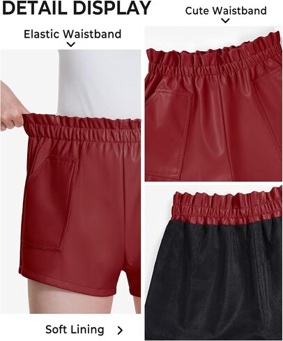 شورت BOOPH للفتيات من الجلد الصناعي للأطفال الصغار، شورت كاجوال عالي الخصر مبطن مع جيوب من 4 إلى 13 سنة in Kuwait