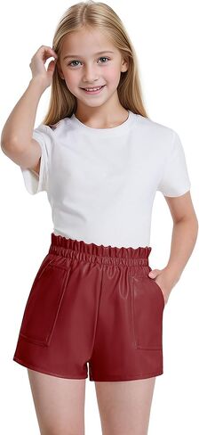 شورت BOOPH للفتيات من الجلد الصناعي للأطفال الصغار، شورت كاجوال عالي الخصر مبطن مع جيوب من 4 إلى 13 سنة in Kuwait