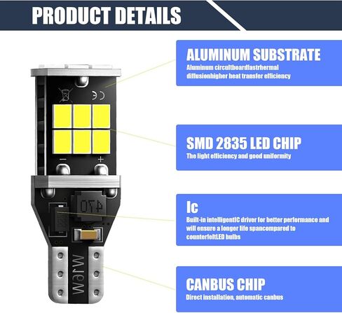 2 قطعة سيارة T15 عكس الضوء، 2835-15SMD شرائح عالية السطوع فلاش فك ضوء الفرامل، استبدال لمبة تبديد الحرارة القوية، ملحقات الإضاءة العالمية للسيارات (أبيض) in Kuwait