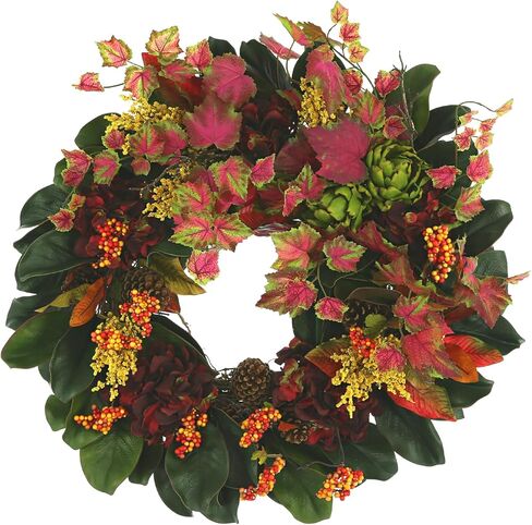 Creative Displays 27" Fall Wreath with Red Ivy, Burgundy Hydrangeas, Berries and Magnolia Leaves, Made in USA for Home or Office in Saudi Arabia