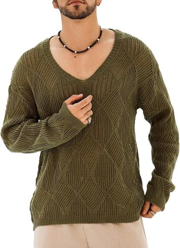 GORGLITTER Men's Hollow Out V Neck Sweater Long Sleeve Drop Shoulder Knit Pullover Tops in Saudi Arabia