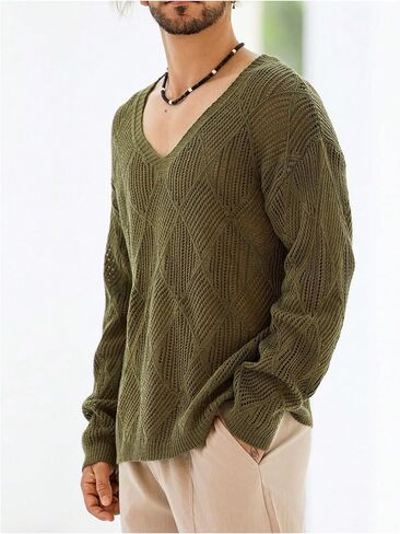 GORGLITTER Men's Hollow Out V Neck Sweater Long Sleeve Drop Shoulder Knit Pullover Tops in Saudi Arabia