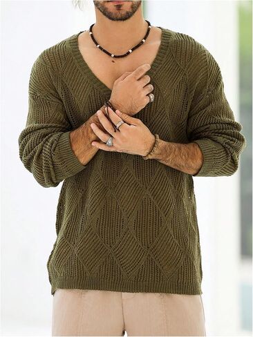 GORGLITTER Men's Hollow Out V Neck Sweater Long Sleeve Drop Shoulder Knit Pullover Tops in Saudi Arabia