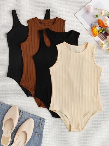 Milumia Girl's 4 Pack Ribbed Knit Leotard Bodysuit Cut Out Sleeveless Tank Tops Set in Saudi Arabia