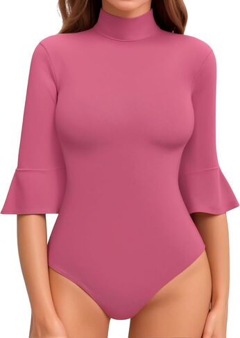 MANGOPOP 3/4 Bell Sleeve Mock Neck Short Sleeve Bodysuit for Going Out Tops for Women in Saudi Arabia