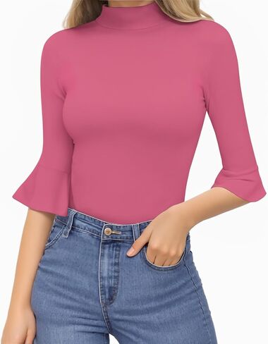 MANGOPOP 3/4 Bell Sleeve Mock Neck Short Sleeve Bodysuit for Going Out Tops for Women in Saudi Arabia