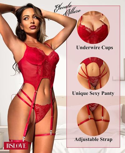 RSLOVE Lingerie Set for Women Sexy - 3 Piece Lace Push Up Underwire with Garter Outfits Lingerie Bra And Panty Sets Babydoll in Kuwait