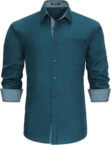 HISDERN Mens Business Dress Shirts Long Sleeve Casual Button Down Shirt Formal Inner Collar Contrast Shirt for Men Wedding in Saudi Arabia