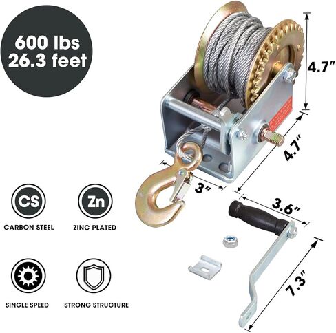 Torin ATRT1161SB ونش يدوي عالي التحمل بسعة 1600 رطل مع حزام نايلون 32.8 قدم للقوارب والمقطورات والشاحنات ومركبات ATV، فضي in Kuwait