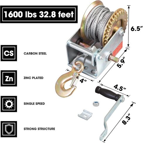 Torin ATRT1161SB 1600lbs Capacity Heavy Duty Manual Hand Crank Winch with 32.8ft Nylon Strap for Boats, Trailers, Trucks, ATVs, Silver in Saudi Arabia