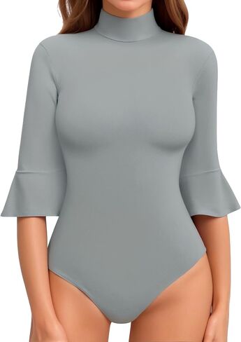 MANGOPOP 3/4 Bell Sleeve Mock Neck Short Sleeve Bodysuit for Going Out Tops for Women in Saudi Arabia