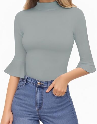 MANGOPOP 3/4 Bell Sleeve Mock Neck Short Sleeve Bodysuit for Going Out Tops for Women in Saudi Arabia